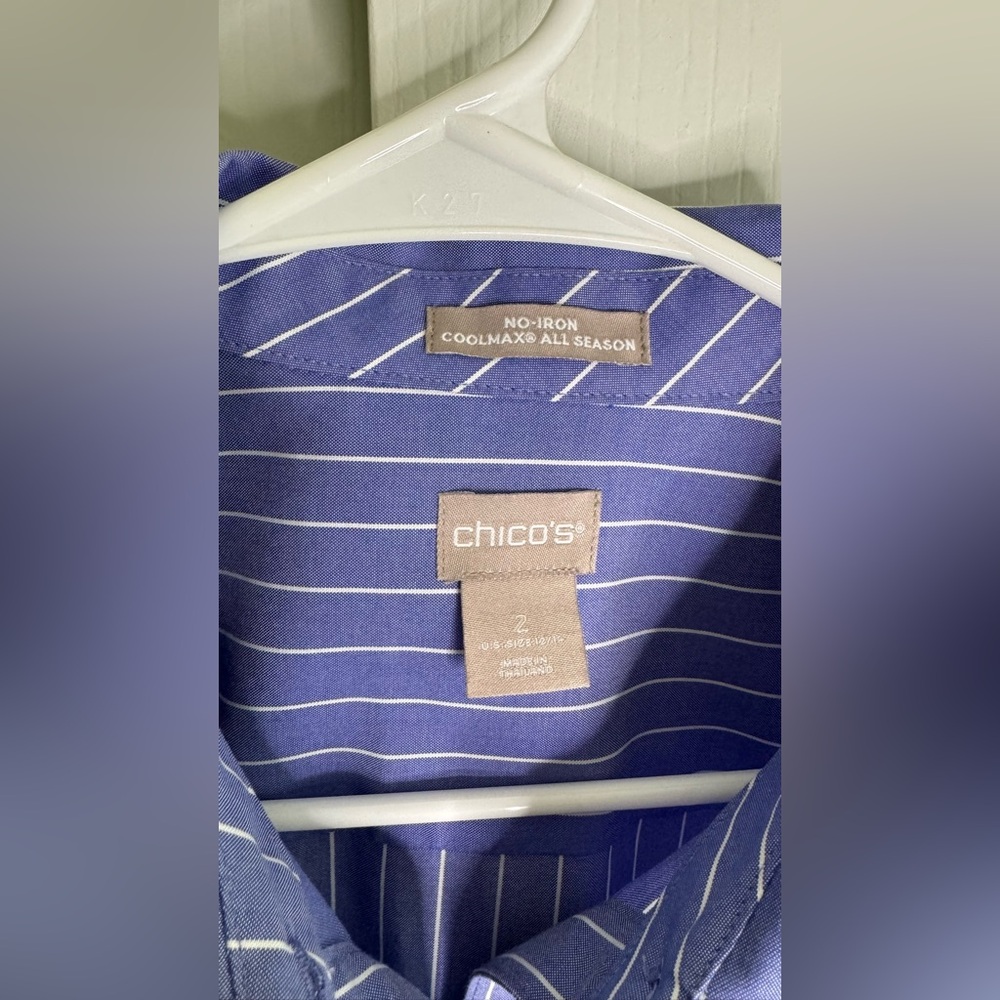 Chico’s Shirts No Iron All Season Coolmax Striped Blue White cotton Size 2 New - Picture 6 of 12